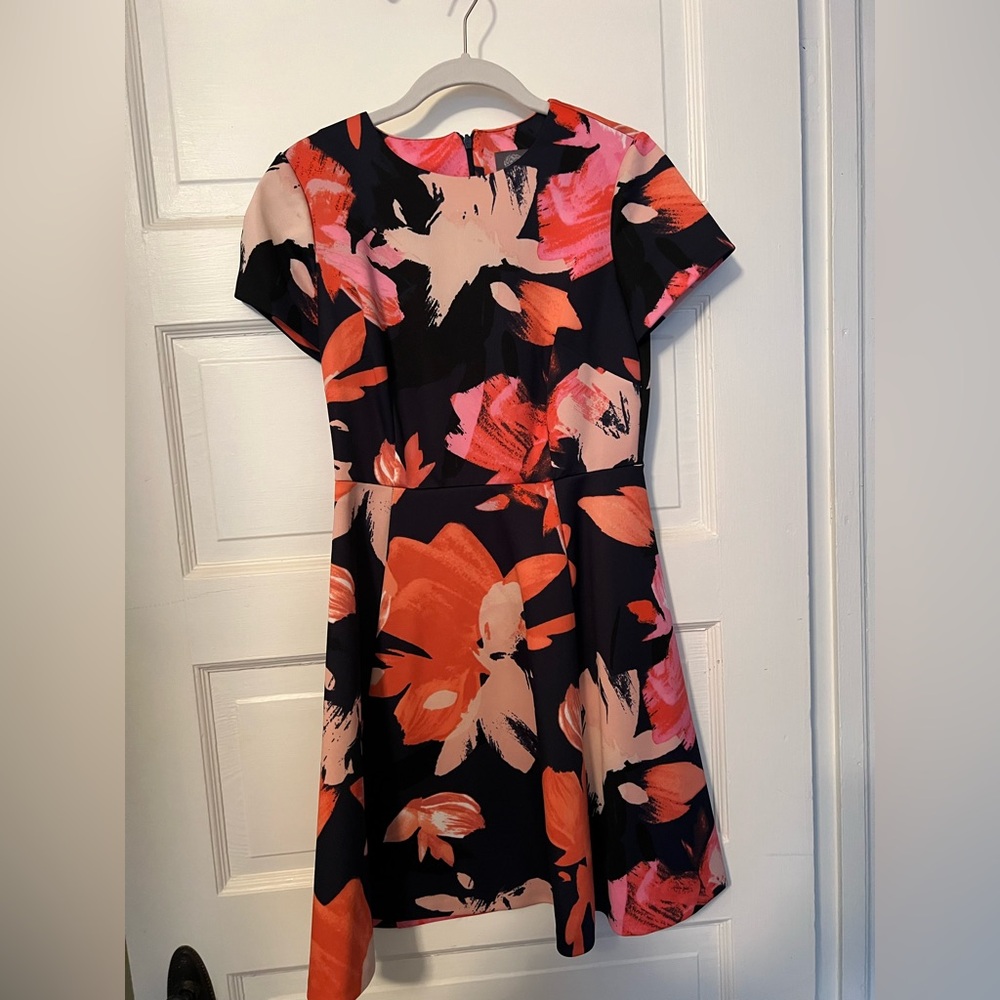 Vince Camuto Black, Navy, and Pink Floral Midi Dress